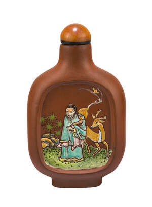
	
		A Chinese Yixing snuff bottle, 19th century, painted in famille rose enamels to one side...