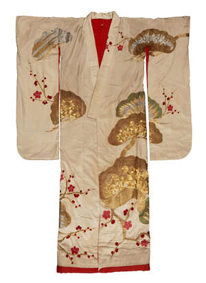 
	
		A Japanese furisode kimono, mid-20th century, a formal kimono worn by young unmarried...