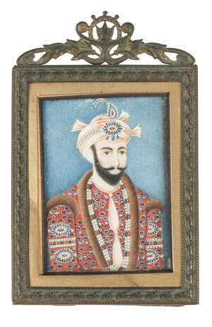 
	
		A framed miniature painting on ivory of a nobleman, India, 19th century, three-quarters...