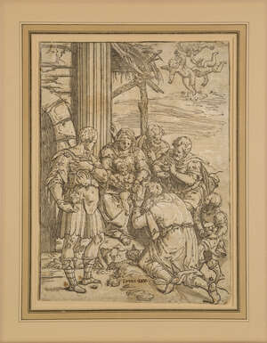 Andrea Andreani, 
		Italian 1558/9-1629- 
		 
		The Adoration of the Magi, c.1580-1610, after Aurelio Luini; 
		
		chiaroscuro woodcut on laid paper, 37x