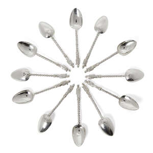 
	
		A set of twelve Chinese silver teaspoons, Wang Hing, with wrythen twist stems and cast...