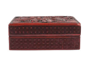 
	
		A Chinese carved red lacquer rectangular box and cover, late Qing dynasty, decorated to...