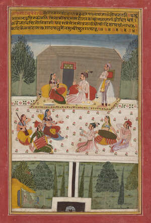 
	
		An illustration from a Ragamala, Jaipur, 19th century, gouache on paper, depicting a...