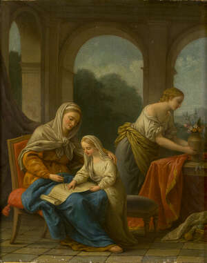 Studio of Louis-Jean-François Lagrenée, 
French 1725-1805- 
 
The Education of the Virgin; 
 
oil on canvas, 41x32.5cm 
 
Provenance: Anthony Barbieri, Lo