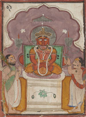 
	
		Padmaprabha (the 6th Jain Tirthankara) with two priests, Rajasthan, circa 1800, opaque...
