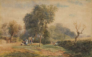 
	
		Circle of David Cox Jnr ARWS, 
		British 1809-1885- 
		 
		Hanging out the Washing;...