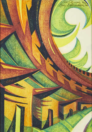
	
		Gary Ratushniak, 
		Canadian b.1957- 
		
		The Flyover, 1995; 
		
		woodcut in colours...