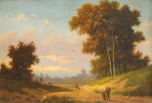 
	
		M Donat, 
		French, mid-late 19th century-
		 
		Figures in a tranquil wooded...