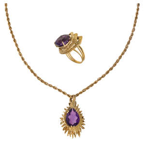 
	
		An amethyst pendant, by Deakin & Francis and ring, by Stern, c.1970, the pendant set with...