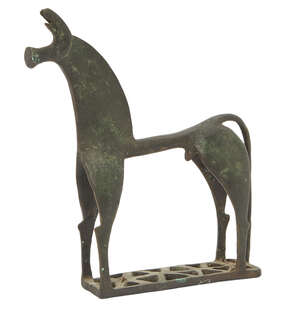
	
		A large decorative bronze geometric Greek style horse, with trumpet-shaped mouth, forward...