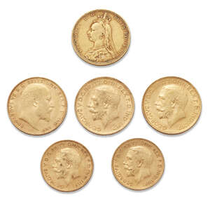 
	
		A group of four sovereigns and two half sovereigns, comprising:  Victoria Jubilee head,...