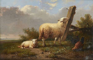 Eugène Joseph Verboeckhoven, 
 
Belgian 1798-1881- 
 
Sheep by a gate; 
 
oil on panel, signed...