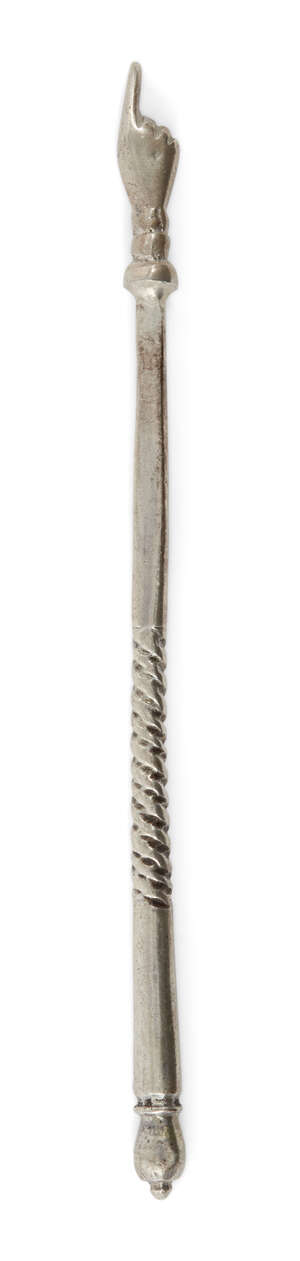 
	
		A small Russian silver Torah pointer, yad, spurious marks for Moscow, c.1879, with...