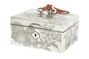 
	
		A Chinese silver 'flowers' jewelry box, 20th century, decorated with engraved flowering...