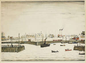 
	
		Laurence Stephen Lowry RBA RA,
		British 1887-1976-
		 
		The Harbour, 1972;
		 
		