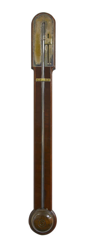 
	
		A George III mahogany stick barometer by Baddely of Albrighton, the moulded case with...