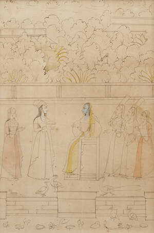 
	
		Ladies on a terrace, Kishangarh, India, circa 1780, black ink and opaque pigments on...