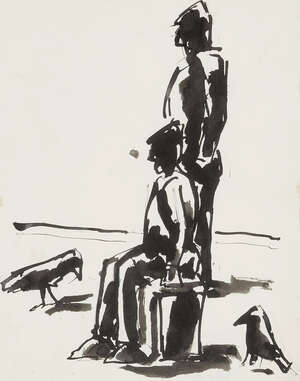 
	
		RETURN Josef Herman OBE RA, 
		Polish/British 1911-2000 - 
		 
		Two men and crows;...