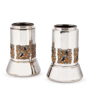 
	
		Fritz Weeber, a pair of German silver plated and enamel vases
		First third 20th...