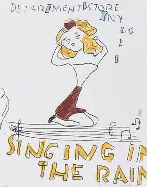
	
		Rose Wylie,
		British b.1934-
		 
		Singing In The Rain, 2019;
		 
		lithograph with...