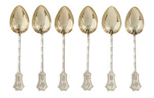 
	
		A set of six Chinese silver coffee spoons, Zee Sung, decorated with simulated bamboo...