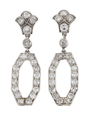 
	
		A pair of diamond drop earrings, the old circular-cut diamond hexagonal loop drops to old...