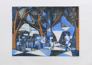 Julian Trevelyan RA,&nbsp;British 1910-1988,&nbsp;Boule Players, 1961;&nbsp;etching with aquatint in colours on...