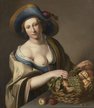 
	
		Circle of Abraham Bloemaert, 
		 
		Dutch 1566-1651- 
		 
		A woman in a straw hat...