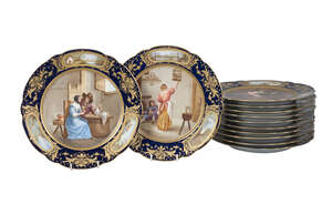 
	
		A set of twelve Continental porcelain cabinet plates in the Sèvres style, late 19th...