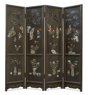 
	
		A Chinese hardwood four-panel screen, 20th century, hardstone-inlaid with figures in a...