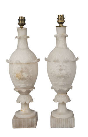 
	
		A pair of Italian alabaster table lamps, 20th century,  in the form of urns, with carved...