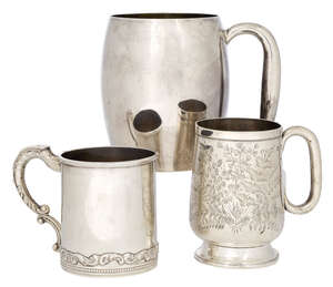 
	
		Two continental silver tankards, one of plain, barrel form with presentation engraving,...