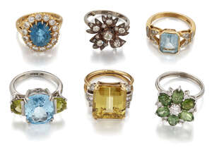 Six gem-set rings, comprising: two blue topaz rings by Deakin & Francis; a diamond flower ring...
