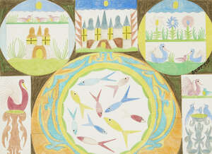 
	
		Scottie Wilson, 
		Scottish 1888- 1972- 
		 
		Untitled, fish and birds; 
		 
		