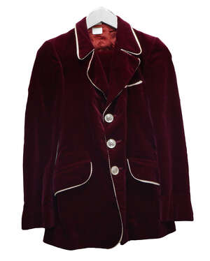 
	
		'Granny Takes A Trip', an early 1970s plum red cotton velvet jacket and trouser suit,...