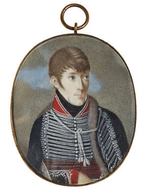 
	
		British School, 
		early 19th century- 
		 
		Portrait of a young Hussar officer,...