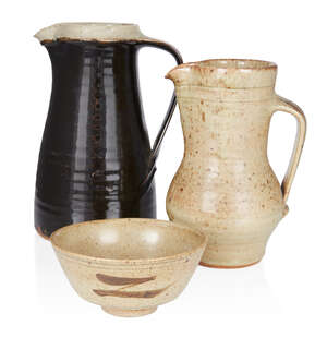 
	
		Leach Pottery group,
		 
		'Z' bowl, celadon jug with brown speckles, and dark brown...