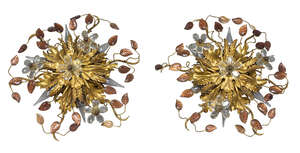 
	
		A pair of gilt metal and glass six light ceiling rose lights, 20th century, with gilt oak...