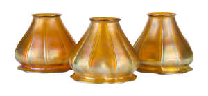 
	
		Quezal, three American 'Gold Aurene' iridescent glass shades
		c.1910, signed 'Quezal'...