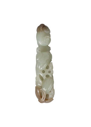 
	
		A Chinese pale green and russet jade belt hook, early 20th century, carved as a lingzhi...