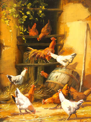 
	
		Italian School, early 20th century- Chickens in a yard; oil on panel, signed Levi, 18.5 x...
