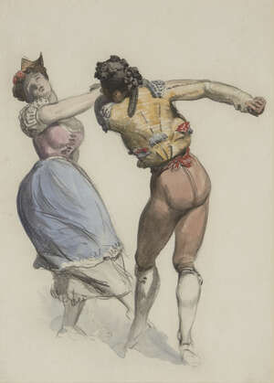 Thomas Miles Richardson Jnr RWS, 
		British 1813-1890- 
		 
		A Spanish Dance, Malaga, c.1850; 
		 
		black chalk and wash with watercolour, 29x20.7cm 
