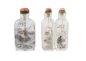 
	
		Two Chinese inside painted snuff bottles, early 20th century, one double-section painted...