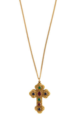 
	
		A gem-set pendant cross, by Vourakis, the scroll engraved Latin cross collet set with...