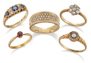 
	
		A group of five gem rings, comprising: an old-brilliant-cut diamond seven stone circular...