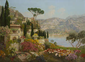
	
		Alois Arnegger, 
		 
		Austrian 1879-1963- 
		 
		View of houses and gardens on the...