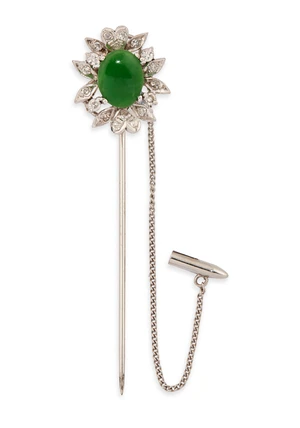 A jadeite jade and diamond stick pin, the finial composed of a jadeite jade cabochon, with a...