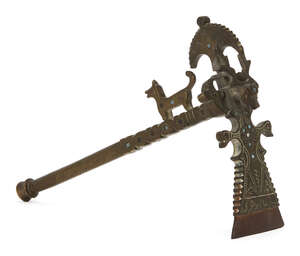 
	
		A small bronze axe or sugar cane cutter, Iran, early 20th century, with long handle...