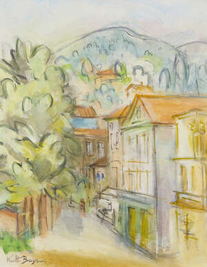 
	
		Keith Baynes, 
		British 1887-1977- 
		 
		Rue des Bains, Mercador; 
		 
		oil on...