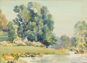 
	
		Christine P Hancock Neate, British, mid 20th century- Row boats by a riverbank;...